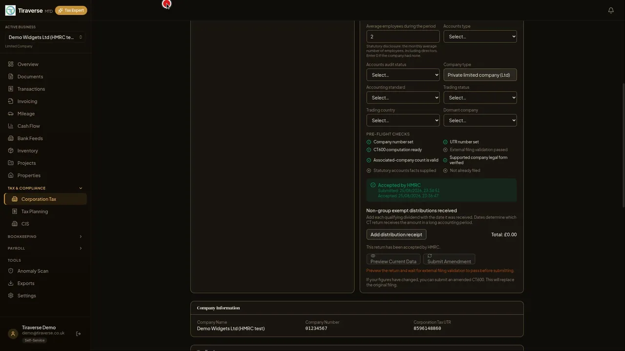 Screen recording, Corporation Tax (CT600) return: the page where HMRC's test service has accepted the submission