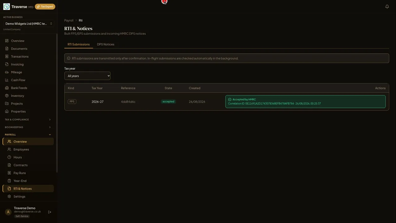 Screen recording, Payroll Full Payment Submission: the page where HMRC's test service has accepted the submission