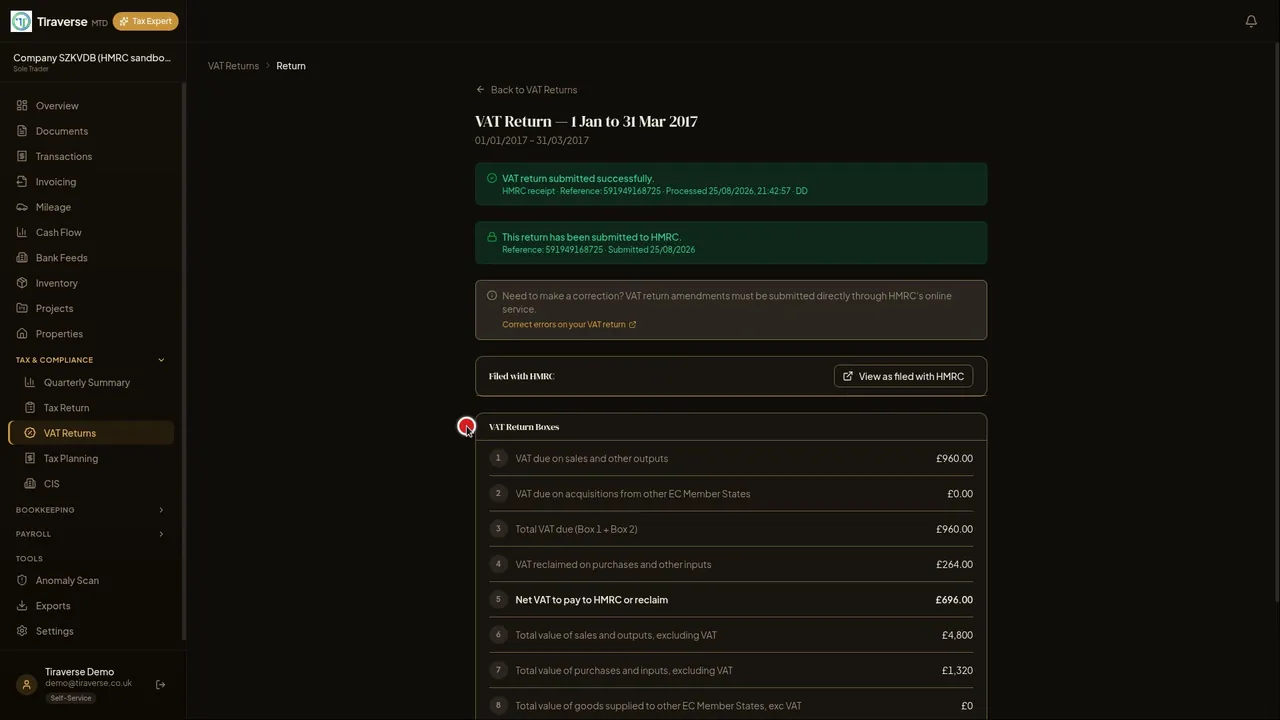 Screen recording, VAT return: the page where HMRC's test service has accepted the submission
